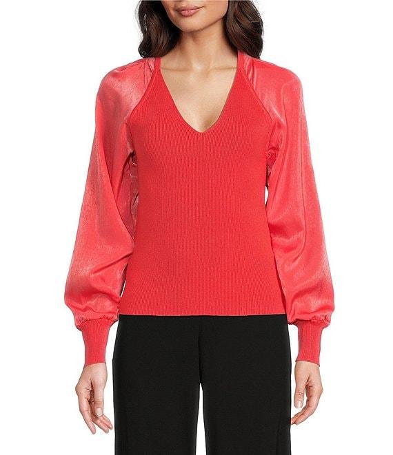 DKNY by Donna Karan Mixed Media Knit V-Neck Long Sleeve Sweater Product Image
