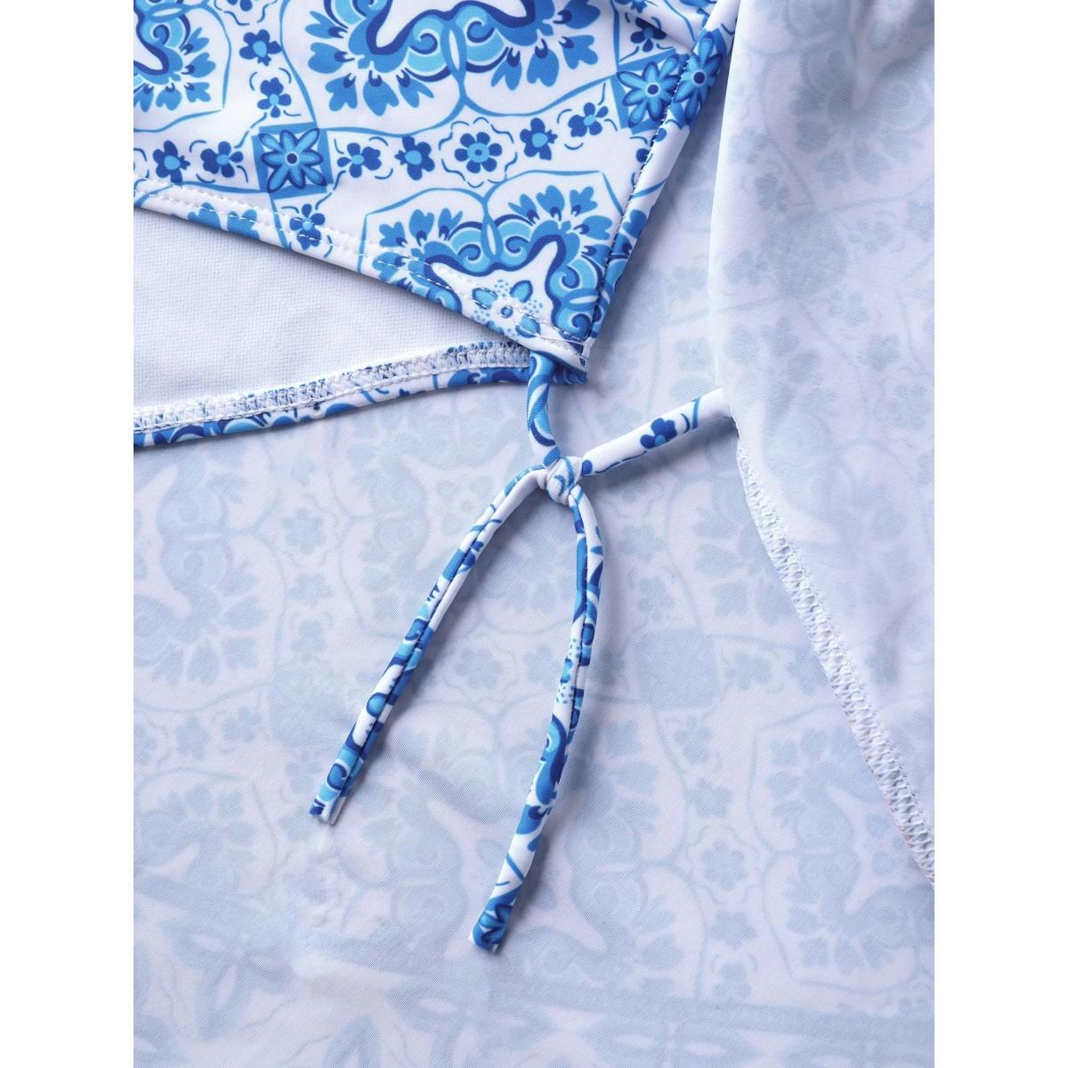 Plus Size Anti-Float Ties Boho Beaded Swim Dress Women's Swimwear Indigo Beach Bodycon Overlap Collar High stretch Curve Swim Dresses BloomChic 18-20/2X Product Image