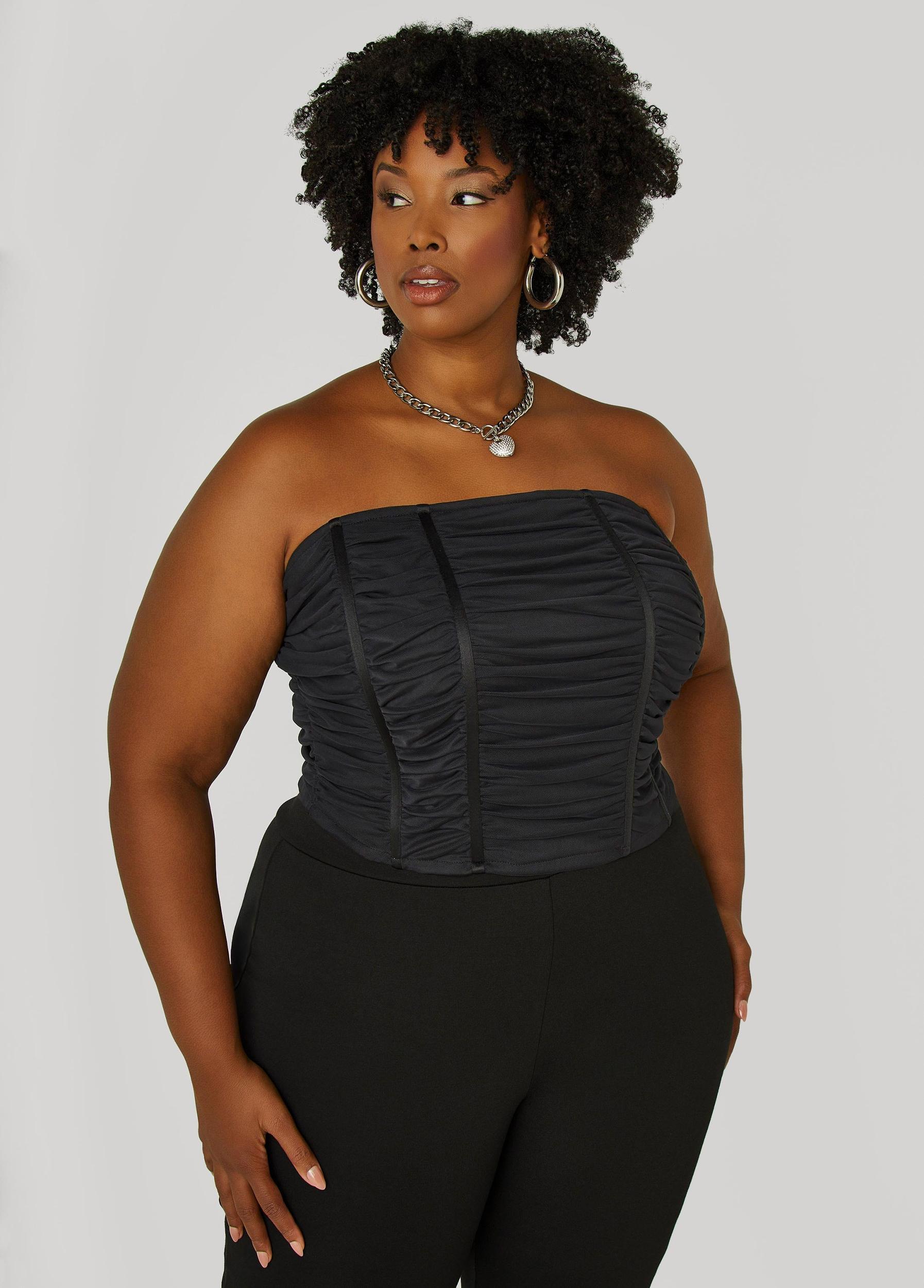 Plus Size Strapless Ruched Mesh Corset Top Ashley Stewart Product Image