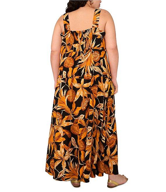 Vince Camuto Plus Size Woven Printed Square Neck Sleeveless Tiered Maxi Dress Product Image