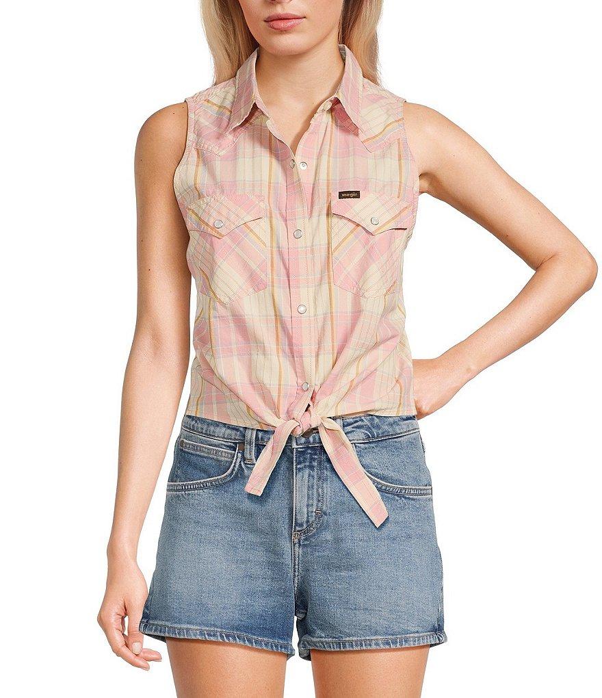 Wrangler® Plaid Sleeveless Tie-Hem Woven Shirt Product Image