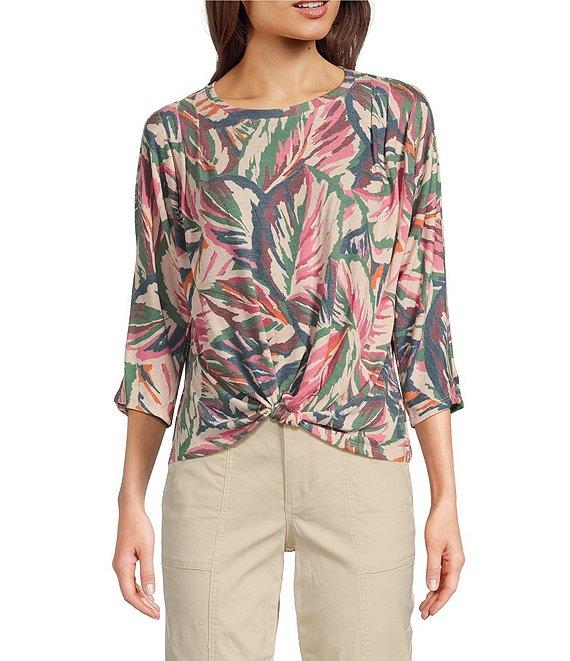 Democracy Knit Leaf Print Crew Neck 3/4 Sleeve Front Knot Hem Top Product Image