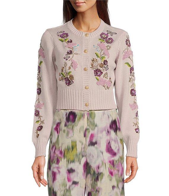 Muse by Marchesa Cara Cotton Blend Crew Neck Long Sleeve Applique Cardigan Product Image