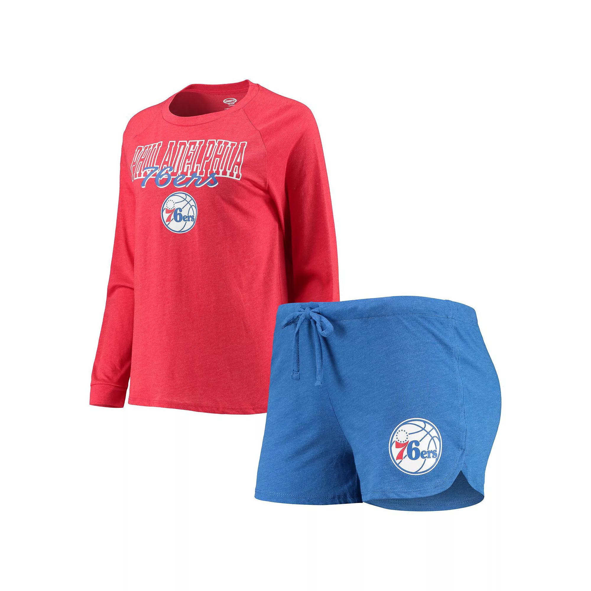Women's Concepts Sport Heathered Royal/Heathered Red Philadelphia 76ers Raglan Long Sleeve T-Shirt & Shorts Sleep Set, Size: Large, 76r Blue Product Image