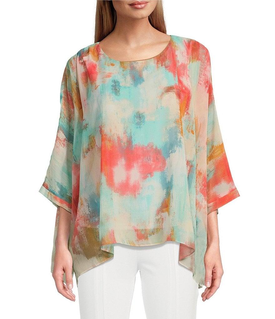 Slim Factor by Investments Abstract Haze Crew Neck 3/4 Dolman Sleeve Lined Blouse Product Image