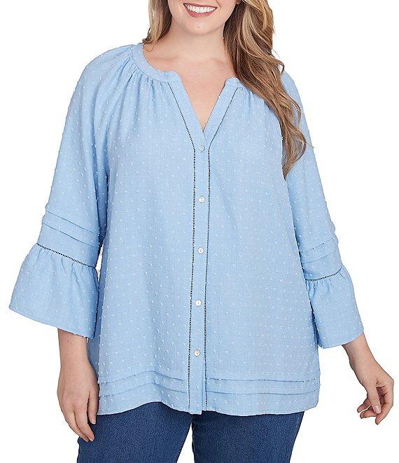 Ruby Rd. Plus Size Woven Embellished Trim Clip-Dot Mandarin Collar 3/4 Sleeve Button-Front Top Product Image