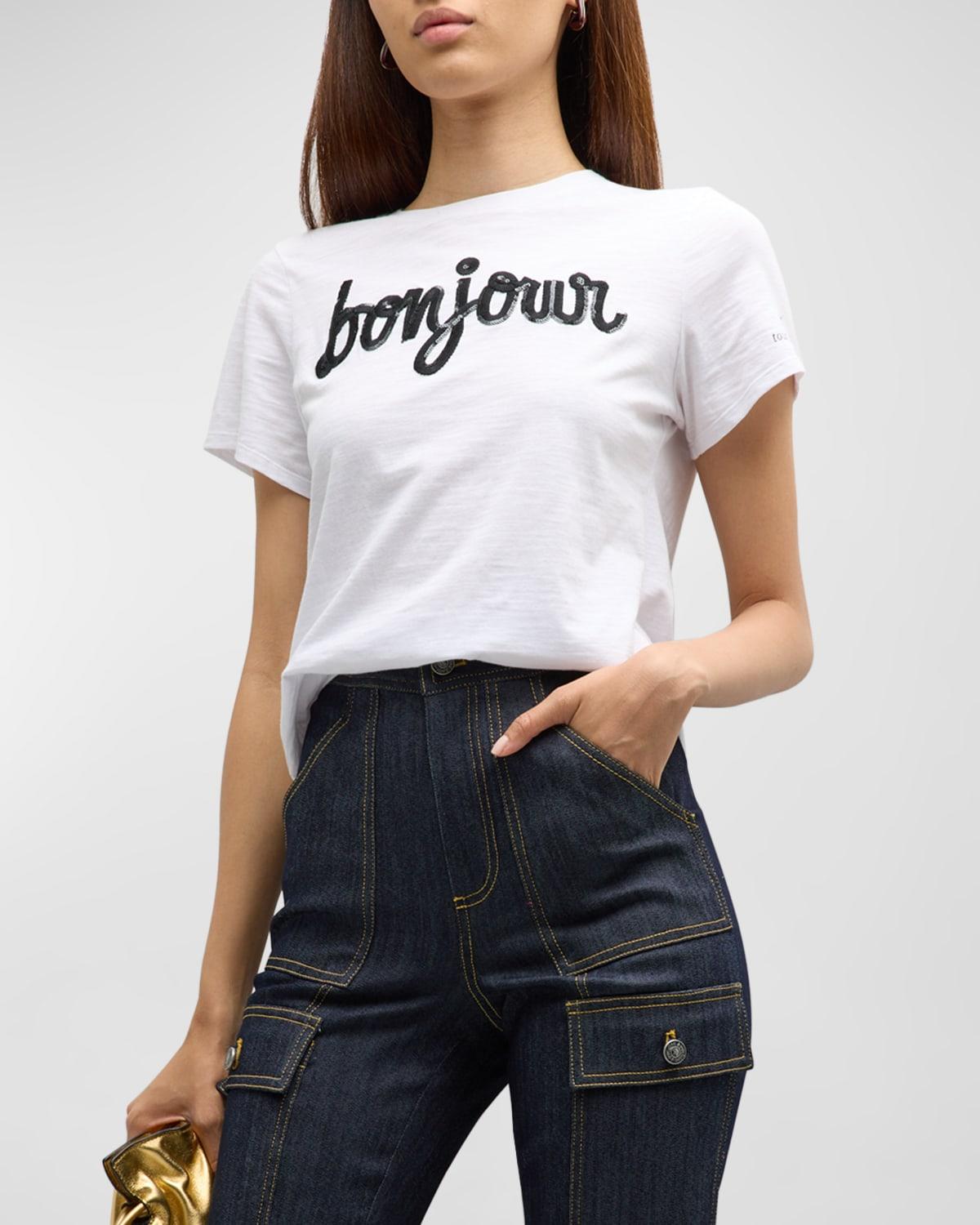 Womens Bonjour Sequined Slub Cotton T-Shirt Product Image