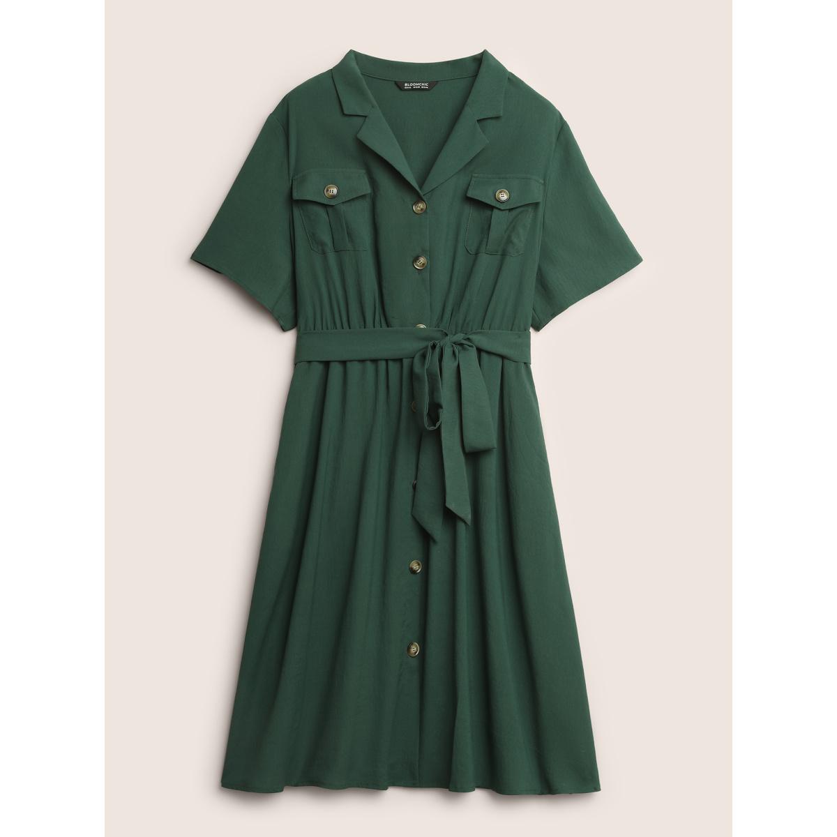 Plus Size Plain Suit Collar Belted Flap Detail Dress Cyan Women At the Office Non Suit Collar Short sleeve Curvy Midi Dress BloomChic 14-16/1X Product Image