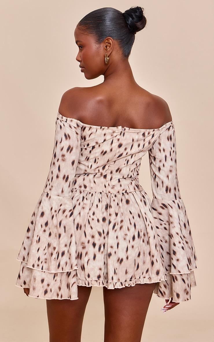 Brown Abstract Print Bardot Flare Sleeve Romper Product Image