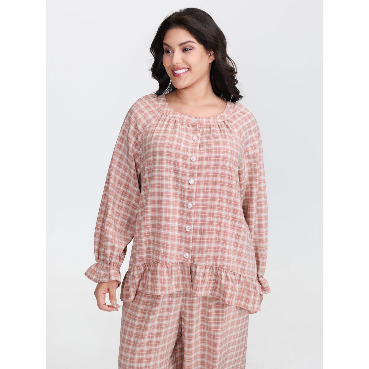 Plus Size Gingham Ruffled Hem Loungewear Set Women Rouge Button Extra Long Sleeve Round Neck Leisure Loungewear Sets BloomChic 26/4X Product Image
