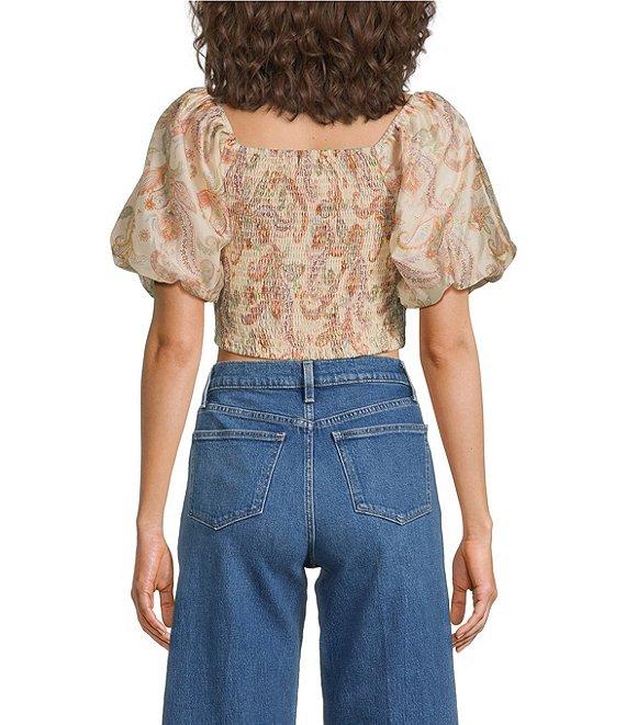 Skies Are Blue Paisley Print Square Neck Short Puff Sleeve Crop Top Product Image