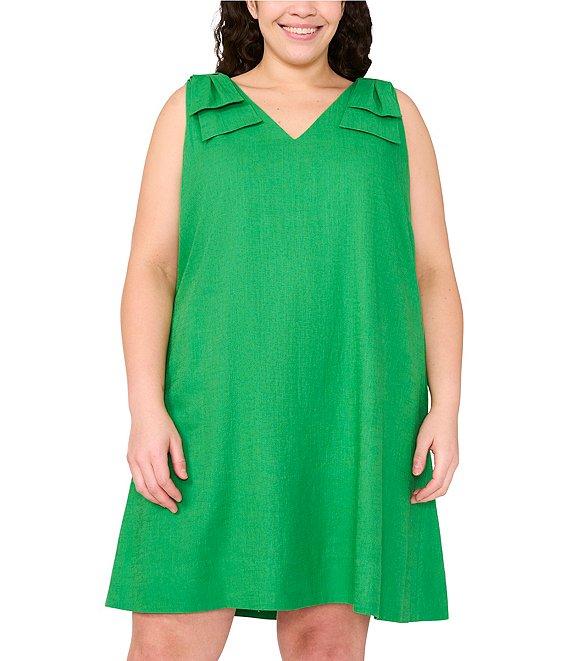CeCe Plus Size Linen Blend V-Neck Sleeveless A-Line Dress Product Image