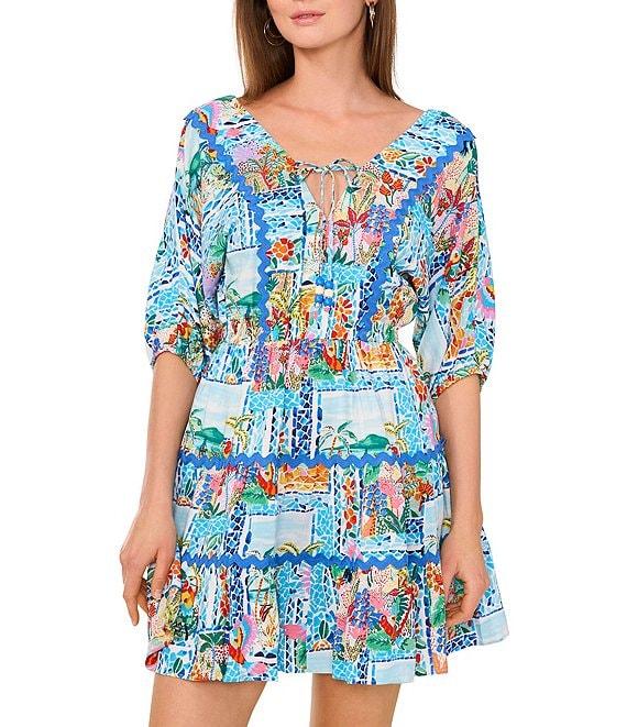 Vince Camuto Woven V-Neck 3/4 Sleeve Tie Front Tiered A-Line Dress Product Image