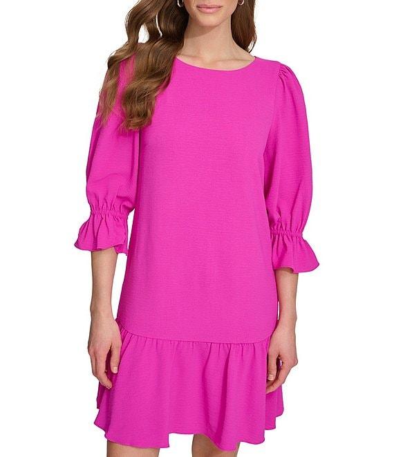 DKNY by Donna Karan Ruffle 3/4 Sleeve Woven Shift Dress Product Image