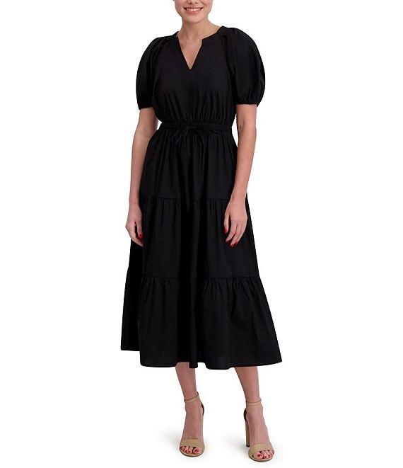 Anne Klein Poplin V-Neck Short Puff Sleeve Waist Tie Blouson Midi Dress Product Image