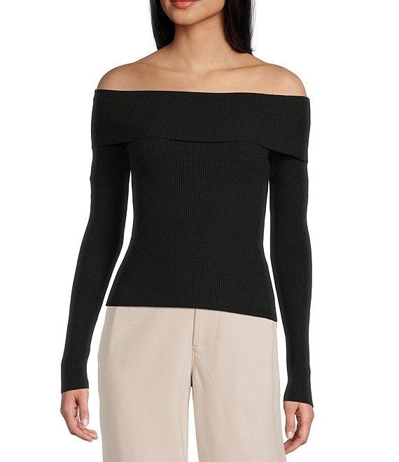 Double Zero Cropped Ribbed Knit Off-The-Shoulder Long Sleeve Top Product Image