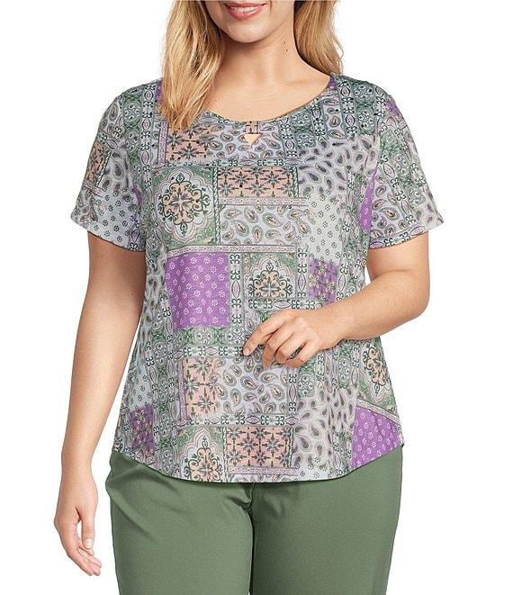 Allison Daley Plus Size Embellished Paisley Patch Print Short Sleeve Keyhole Neck Knit Top Product Image