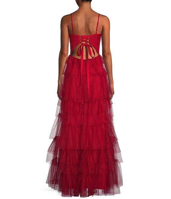 Blondie Nites Mesh 3D Ruffled Rose Sweetheart Neck Tie Back Dress Product Image