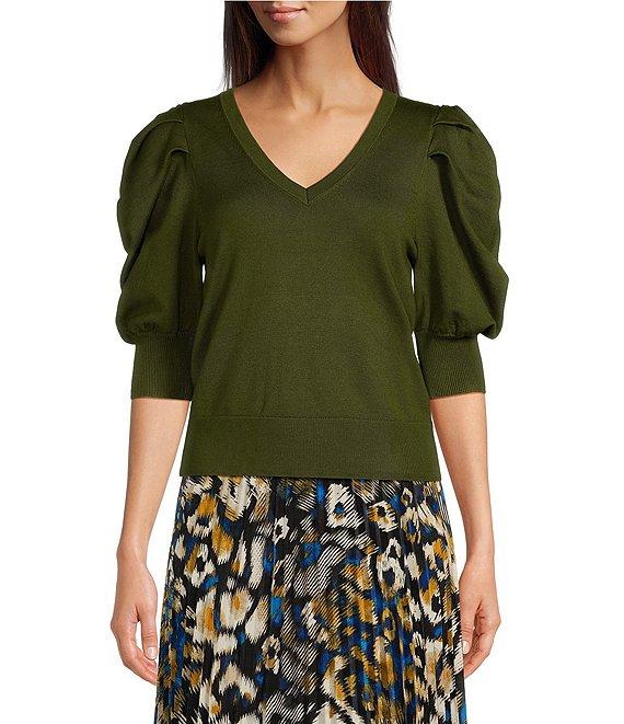 DKNY by Donna Karan Short Pleated Puffed Elbow Sleeve V-Neck Knit Top Product Image