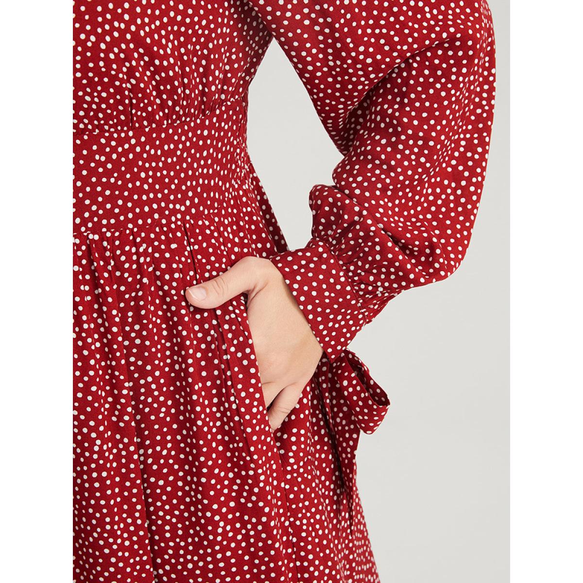 Plus Size Polka Dot Knotted Sleeve Pocket Shirred Split Dress Scarlet Women Elegant Cross straps Round Neck Long Sleeve Curvy Midi Dress BloomChic 14-16/1X Product Image