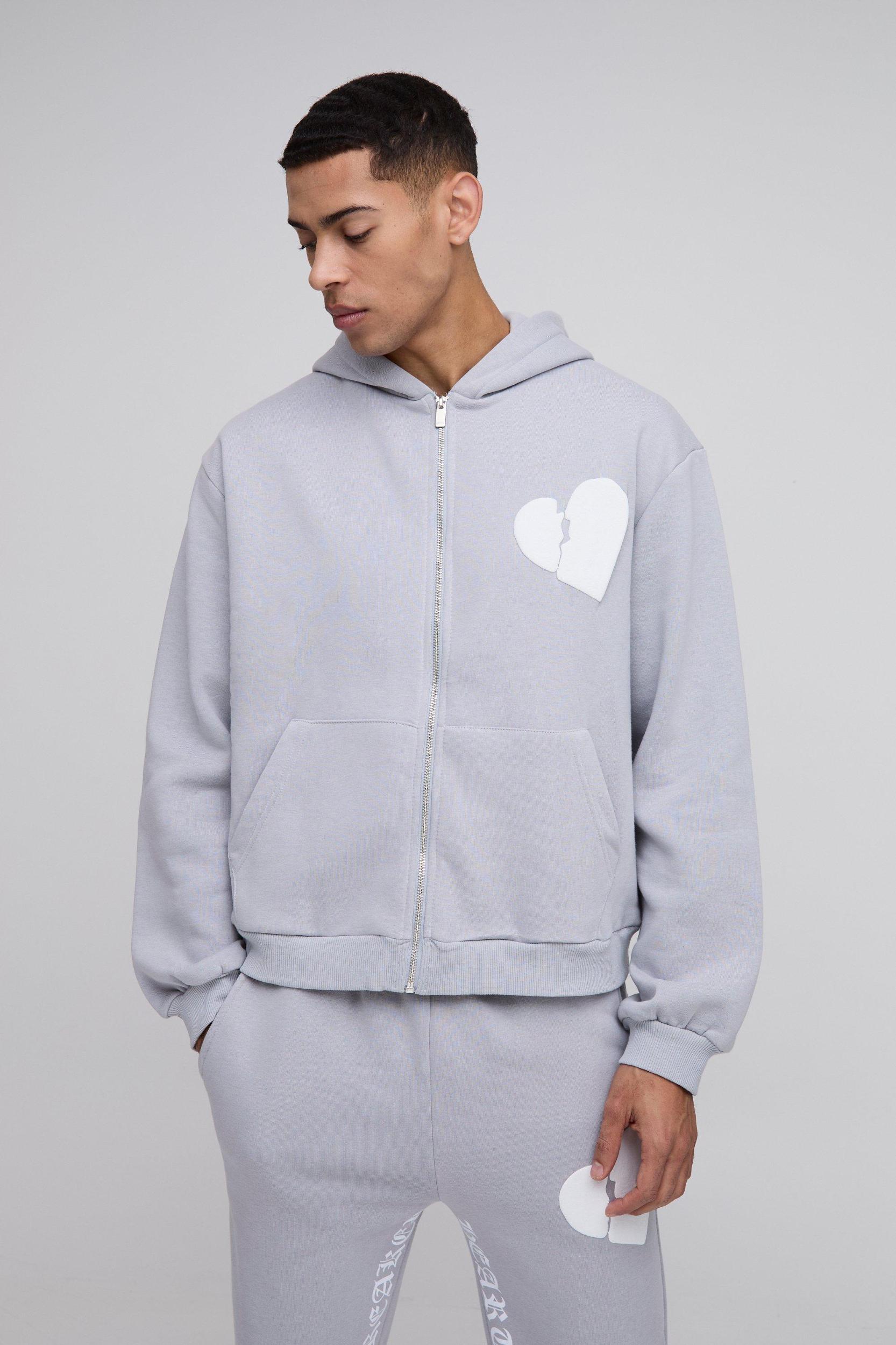 Oversized Boxy Hearts Puff Print Zip Through Hoodie | boohooMAN USA Product Image