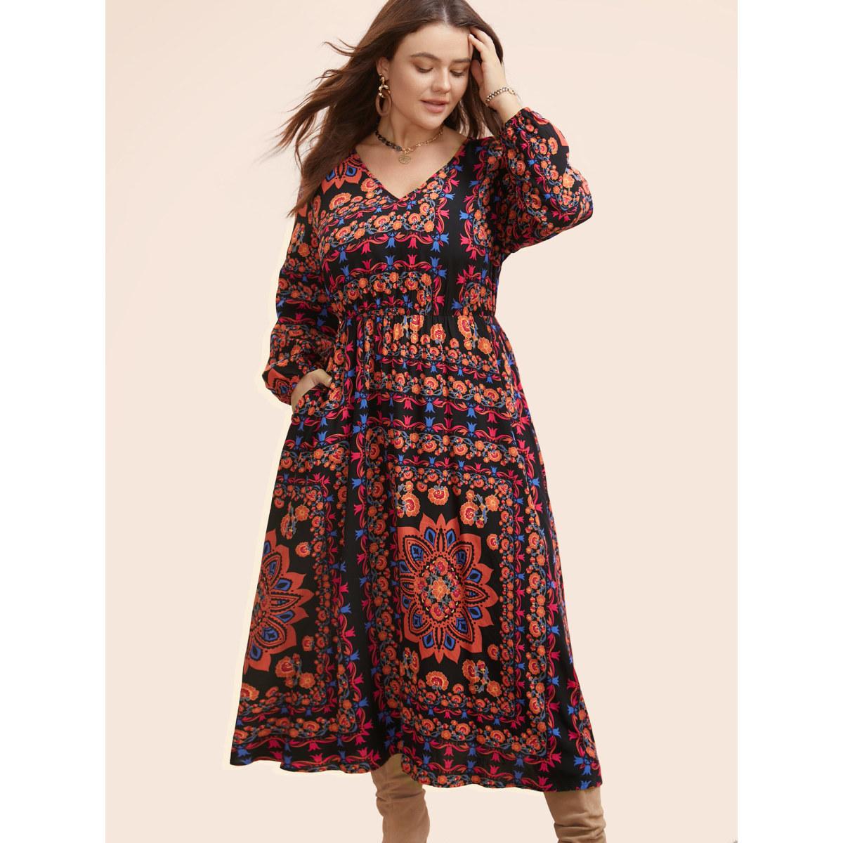 Plus Size Bandana Lantern Sleeve Midi Dress Black Women Resort Gathered V-neck Long Sleeve Curvy BloomChic 28/5X Product Image