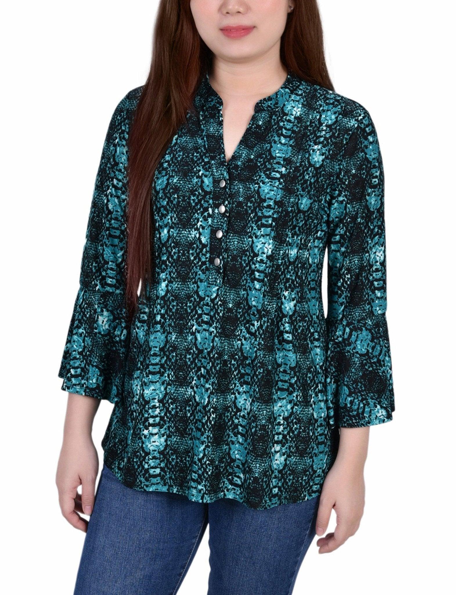 Teal Plaid 3/4 Bell Sleeve Pleat Front Y Neck Top Product Image