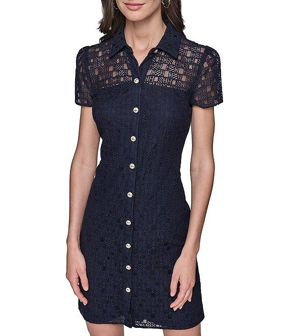 KARL LAGERFELD PARIS Lace Point Collar Neck Short Sleeve Button Front Shirt Mini Dress Product Image