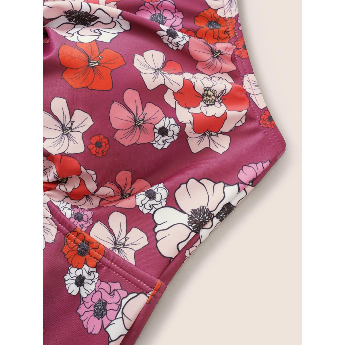 Plus Size Ditsy Floral Bowknot Flutter Layered Hem Swim Top Women's Swimwear RedViolet Beach Non High stretch Bodycon V-neck Curve Swim Tops BloomChic 14-16/1X Product Image