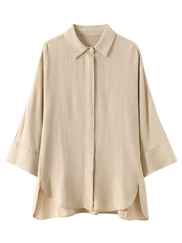 Loose Solid Color Split-Joint Split-Side Lapel Blouse + Elasticity Pleated Pants Trousers Two Pieces Set Product Image