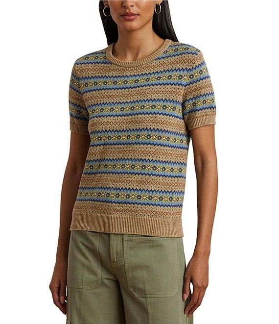 Lauren Ralph Lauren Petite Size Cotton-Blend Printed Ribbed Crew Neck Short Sleeve Sweater Product Image