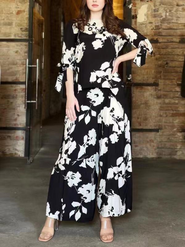 Flower Print Round-Neck Tied T-Shirt&Wide Leg Pants Two Pieces Set Product Image