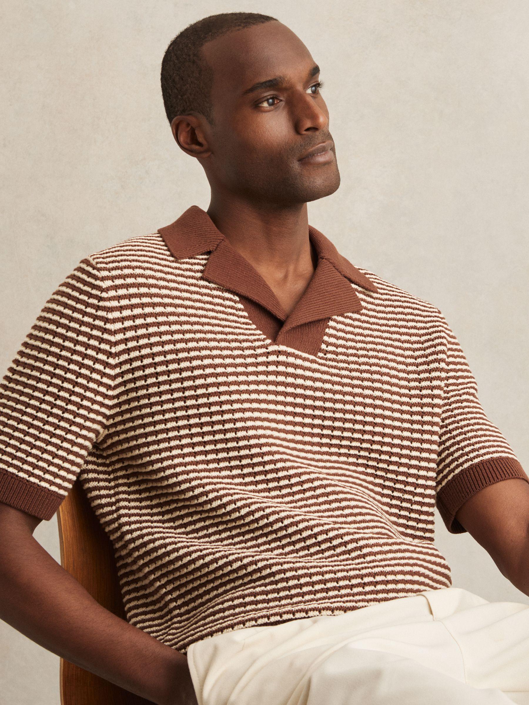 Cotton Textured Knit Stripe Polo Shirt in Tobacco Brown/ Off White Product Image