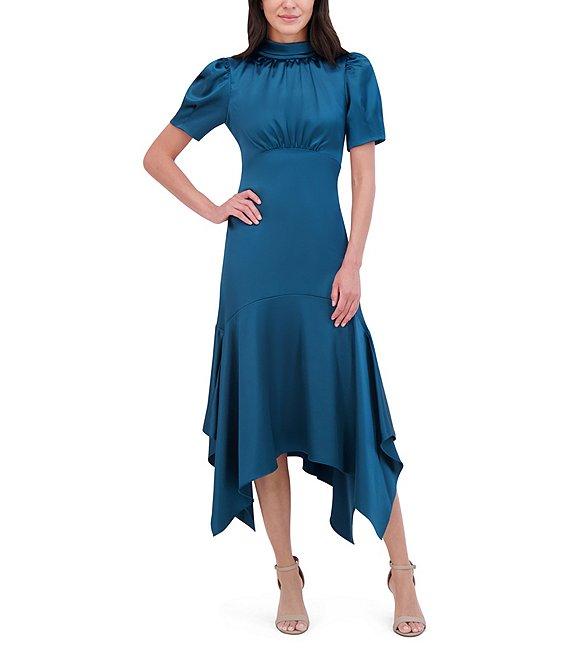 Eliza J Satin Mock Neck Short Puff Sleeve Tie Back Hanky Hem Midi Dress Product Image