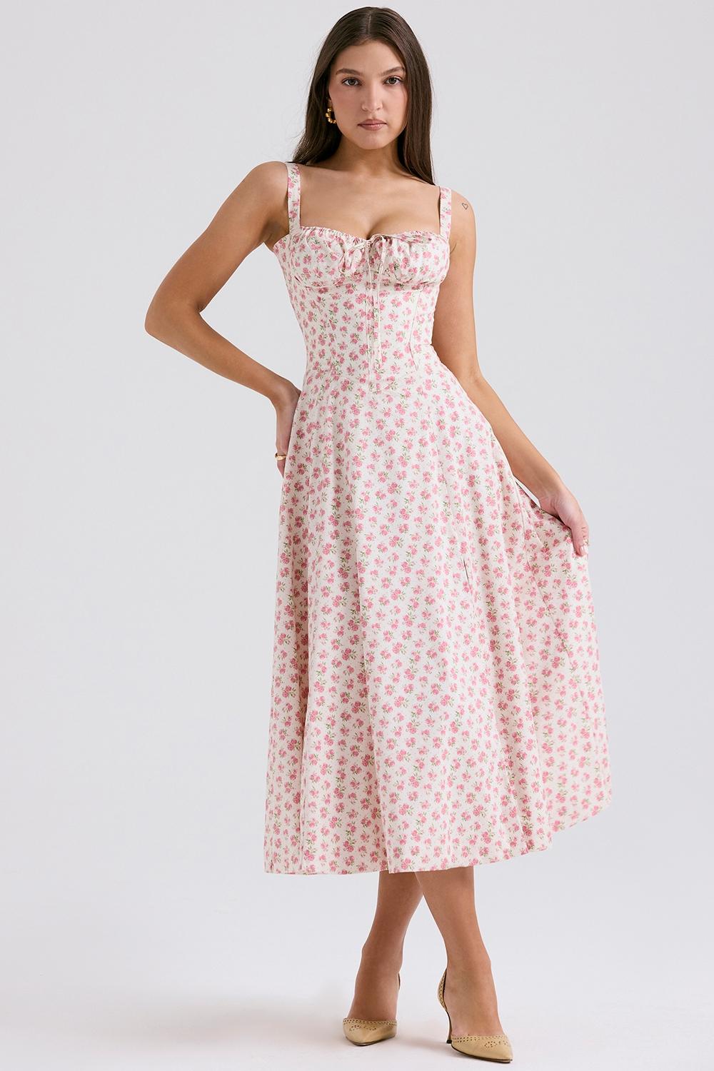 Carmen  white rosebud print cotton bustier sundress Product Image