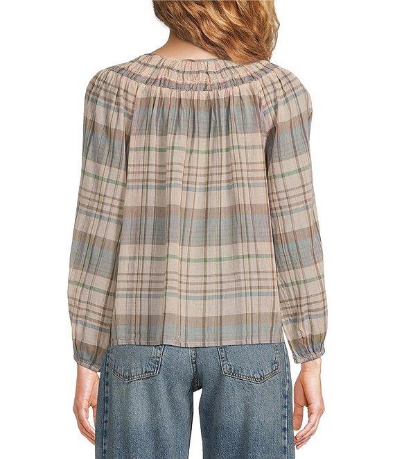 Lucky Brand Woven Stripe Print Round Neck Long Sleeve Button-Front Top Product Image