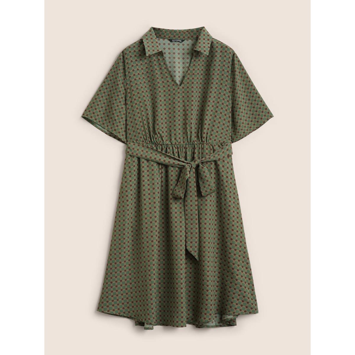 Plus Size Geometric Print Polo Neck Belted Dress Moss Women At the Office Belted Polo Short sleeve Curvy Midi Dress BloomChic 18-20/2X Product Image