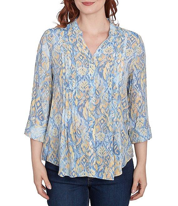 Ruby Rd. Woven Printed Band V-Neck 3/4 Roll-Tab Sleeve Pleated Top Product Image