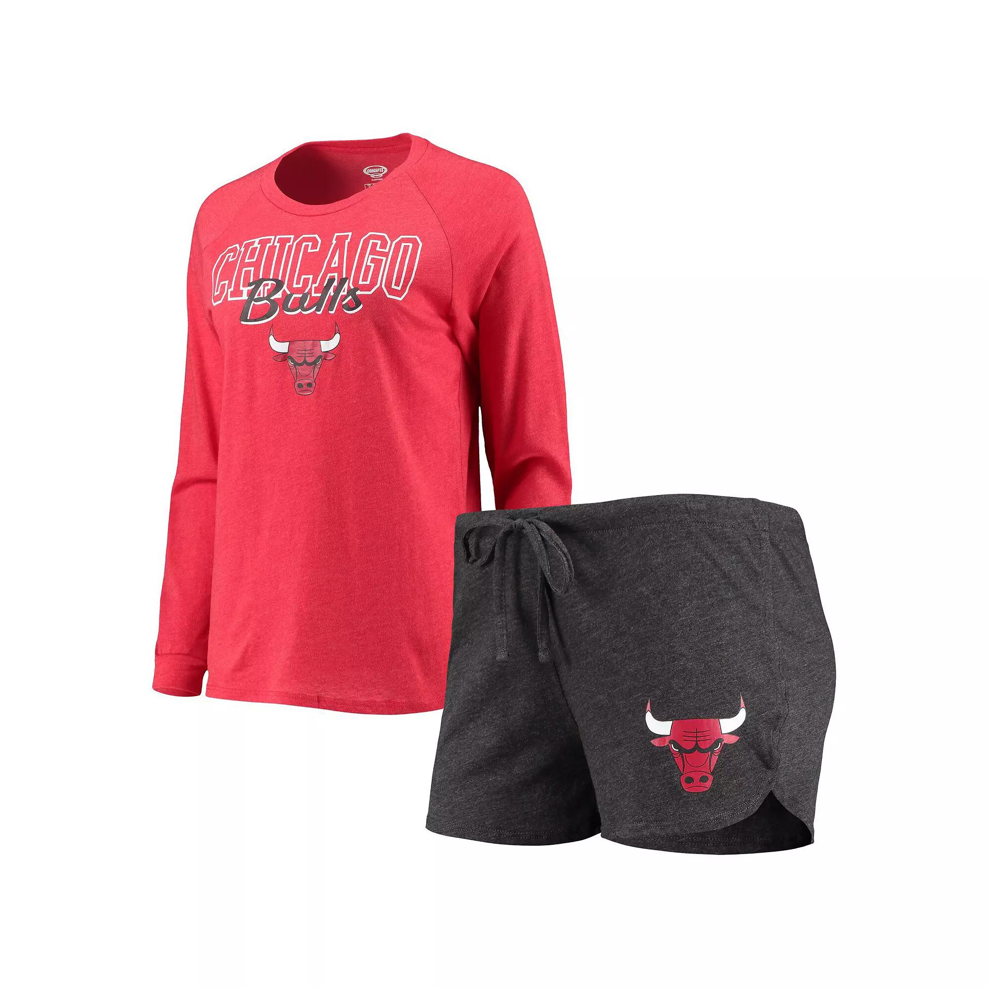 Women's Concepts Sport Heathered Black/Heathered Red Chicago Bulls Raglan Long Sleeve T-Shirt & Shorts Sleep Set, Size: Small, Charco Product Image