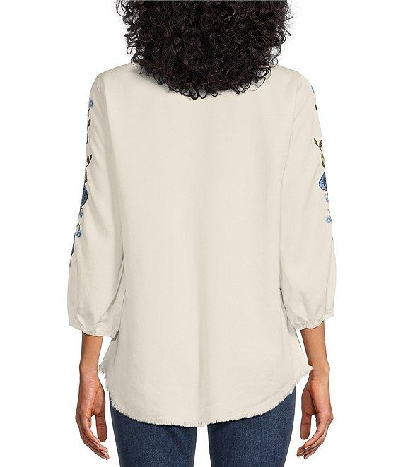 Reba Floral Embroidered 3/4 Sleeve Tie Split V-Neck Frayed High-Low Hem Peasant Tunic Product Image