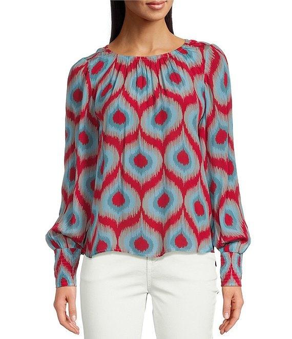 APNY Printed Crew Neck Long Sleeve Smocked Cuff Blouse Product Image