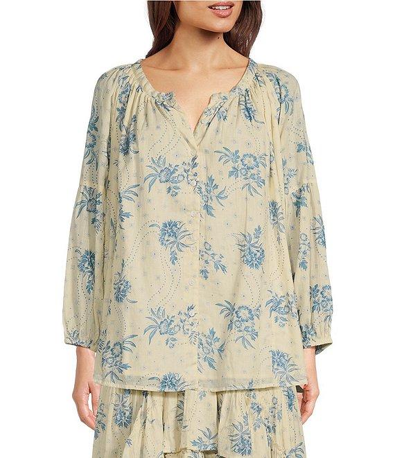 Talisman Bluebell Print Aquarius Button Front Split V-Neck Raglan Long Sleeve Top Product Image