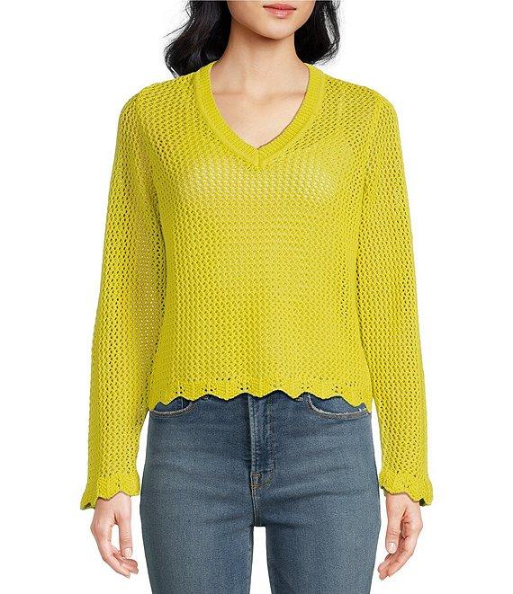 Skies Are Blue Crochet V-Neck Long Sleeve Scallop Hem Top Product Image