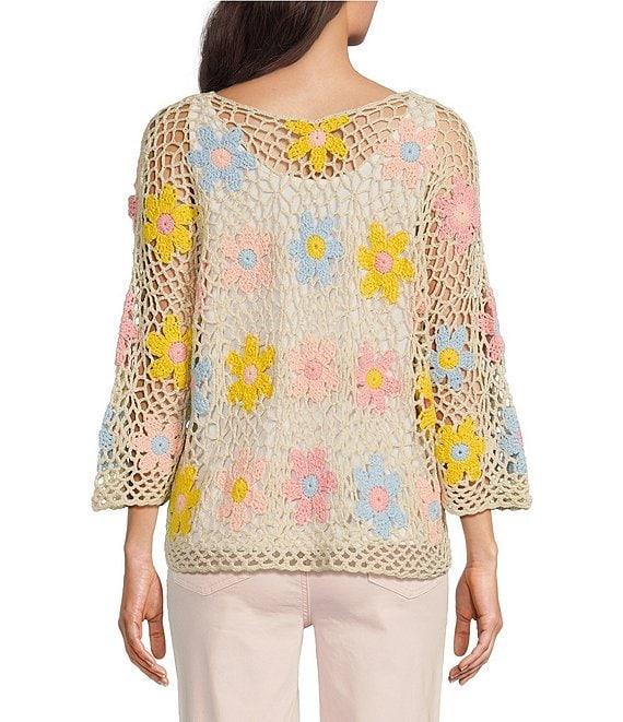 Charlie B. Crochet Floral Knit Round Neck Long Sleeve Top Product Image