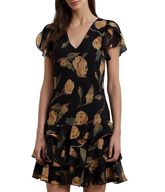 Lauren Ralph Lauren Georgette Floral Print V Neck Short Sleeve Ruffle Drop Waist Mini Dress Product Image
