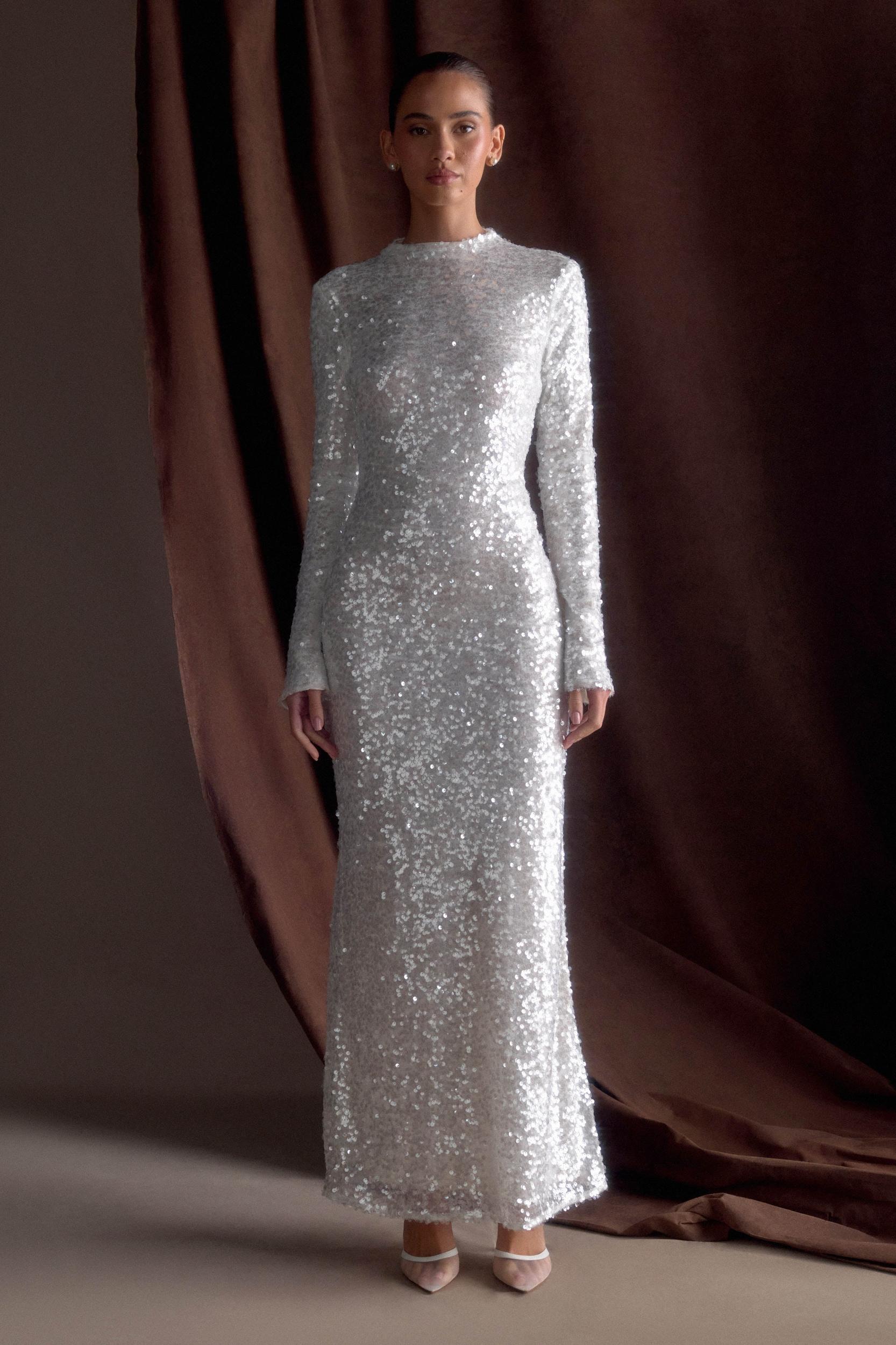 Sofia Long Sleeve Sequin Maxi Dress - White Product Image