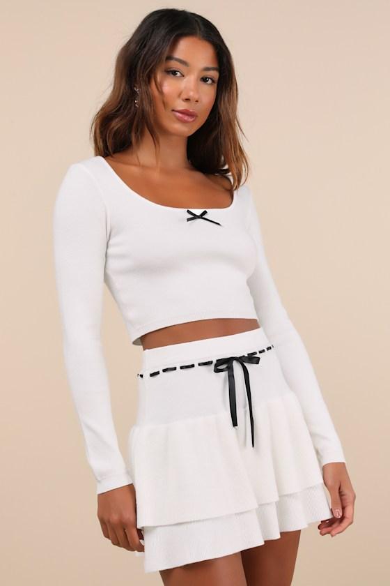 Ever So Charmed Ivory Bow Tiered Two-Piece Mini Sweater Dress Product Image