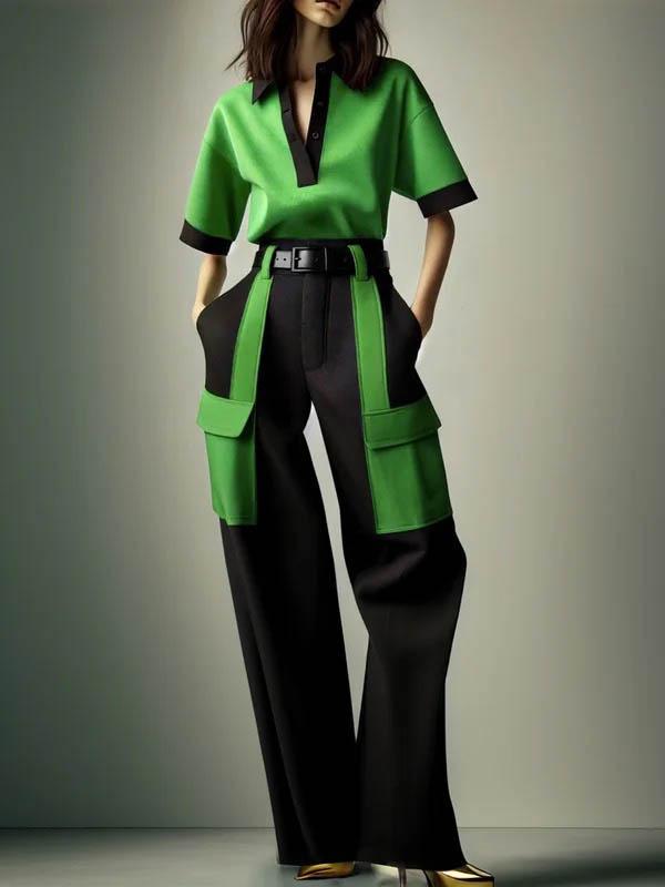 Half Sleeves Loose Contrast Color Lapel Blouses&Shirts Tops Product Image