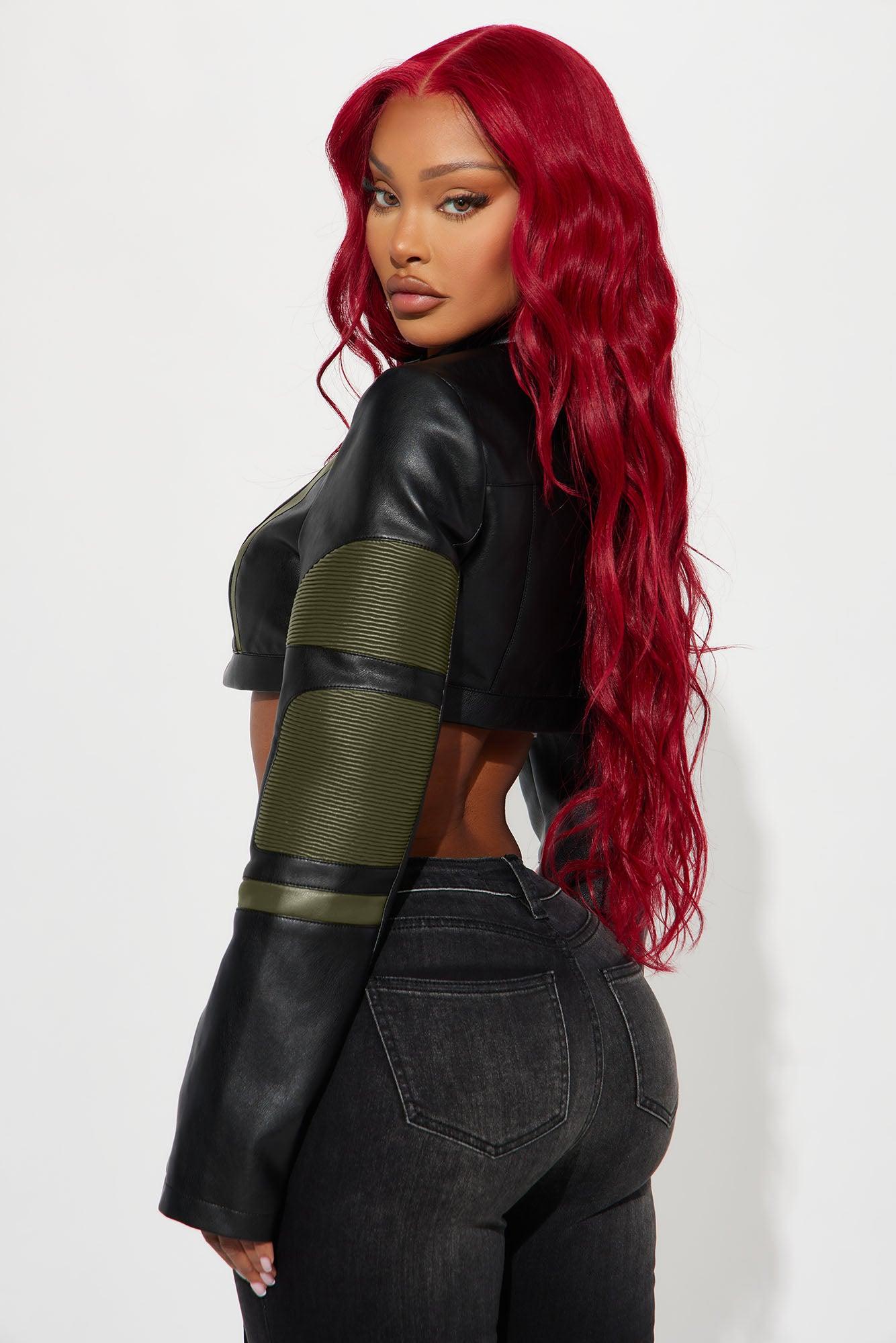 Not Like The Rest Faux Leather Moto Jacket - Olive/combo Female Product Image