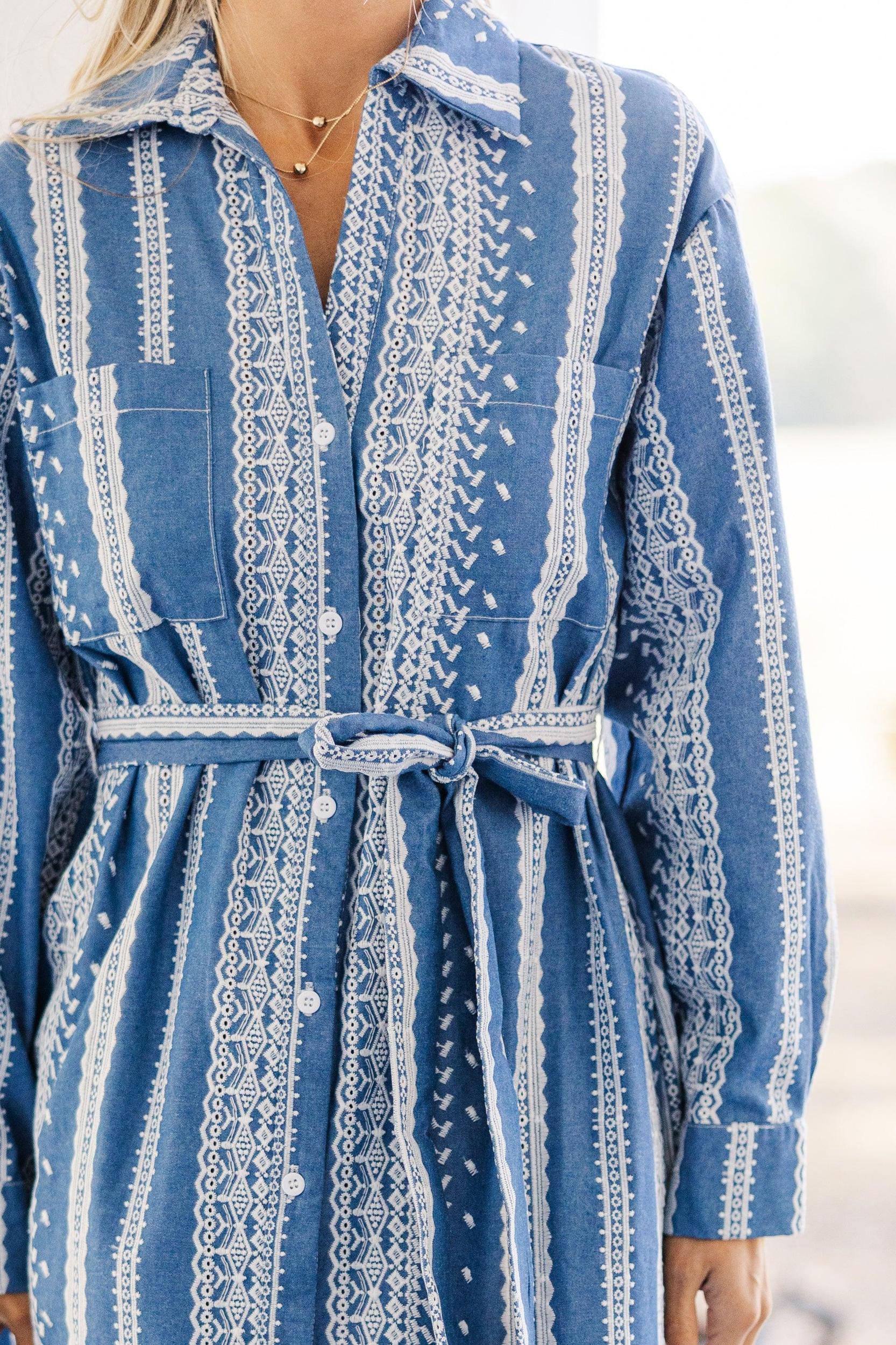 Feeling Confident Blue Embroidered Midi Dress Female Product Image